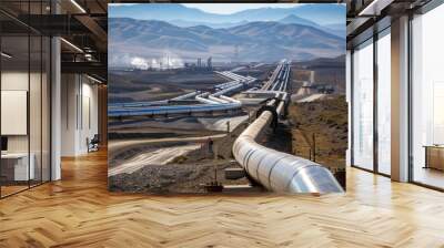 Outdoor view of gas pipeline industrial line connecting fuel factory Wall mural