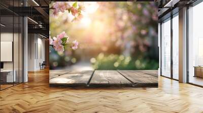  empty table and spring time, blurred background Wall mural