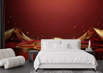 three empty podiums Red luxury background with gold ribbons and sparkling light effect decorations Wall mural