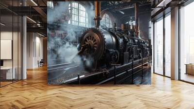 Retro steam train locomotive of the early 19th century, steam locomotive in 1802. Wall mural