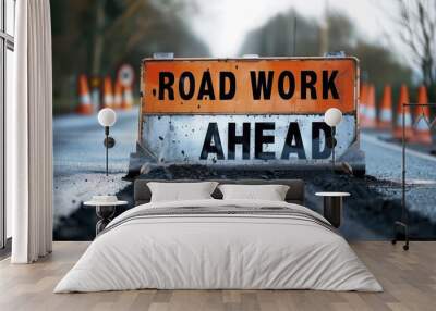 Road work ahead construction street site, danger road sign orange color. Asphalt road repair. Wall mural