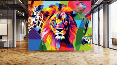 Safari park wildlife WPAP illustration design with Lion giraffe and bird, colorful mosaic design. Wall mural