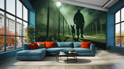 Silhouette male security man guard cop with a Doberman dog goes around the street on patrol at night. Wall mural