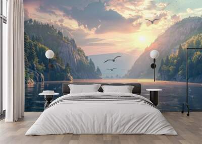 View of the lake waters with beautiful hill cliffs, landscape background river backgorund. Wall mural