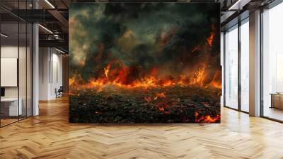  a war-torn landscape background. depict a desolate battlefield with extensive fire billowing smoke. The ground is charred and littered with debris. sky is dark and filled with dense smoke clouds Wall mural