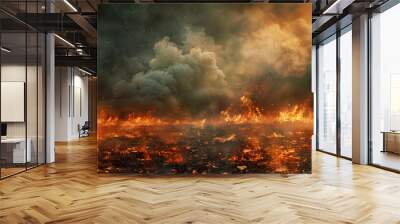  a war-torn landscape background. depict a desolate battlefield with extensive fire billowing smoke. The ground is charred and littered with debris. sky is dark and filled with dense smoke clouds Wall mural