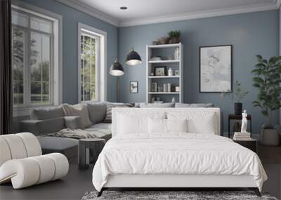 a living room with muted blue walls, gray wood panel floors, viewed from the 1st person perspective with 3 walls in frame, the right wall contains two windows with curtains,and a fireplace Wall mural