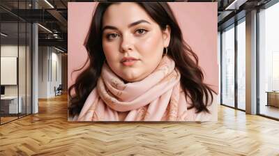 A young Caucasian fat woman oversize, with long hair, wearing a pink sweater, smiling in a warm indoor setting, close up, studio shot Wall mural