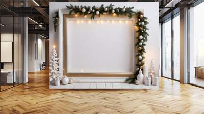 blank mockup white frame, written space, Christmas decoration, white background, Christmas tree, Wall mural