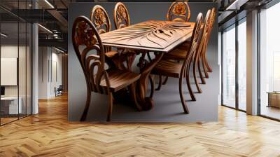 design a wooden dining table glass top and 6 chair set, traditional wood work, intricate, contemporary, modern, royalty Wall mural