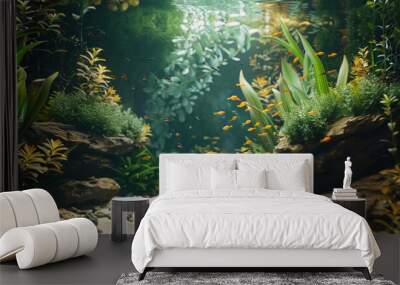 Fish tank interior, aquatic plants, rocks, small fish, sand Wall mural