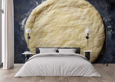 fresh pizza base dough thin, smooth and elastic, perfect form, pizza drying rack , top view Wall mural