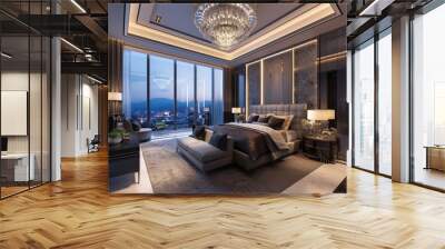 high end luxury bedroom interior design, modern style with bed and armchair, large window, wall panels and chandelier, muted calm color scheme, carpeted floor, gray sofa in front of the bed Wall mural