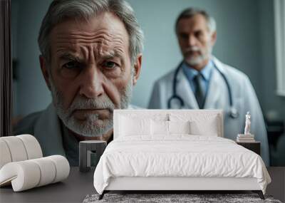 middle aged caucasian man and doctor in exam room, patient is looking directly at the camera, A patient in an examination room with a doctor, the patient looks at the camera Wall mural