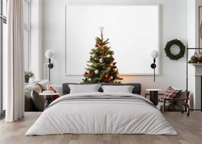 mockup blank frame white, Scandinavian living room decorated with Christmas, Christmas tree, ornament lights, window in the room Wall mural