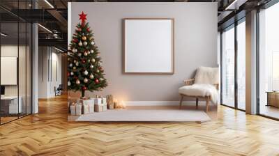 mockup white blank frame on wall in a cozy living room with white sofa, wooden table coffee, tree christmas in background Wall mural