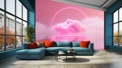 pastel pink background with a cloud in the center of the image, a neon pink laser circles it, perfect symetry vapor wave, grain Wall mural