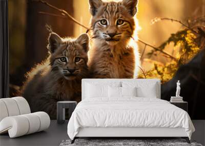 side view of a two newborn Lynx cubs walking in a green field  Wall mural