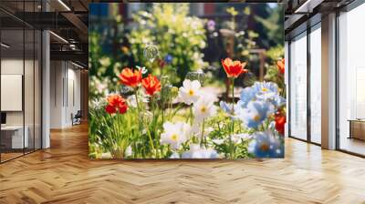 spring garden flowers, plants, sunny background, red white blue, blurred house in back ground Wall mural