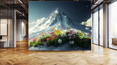 top covered mountain with colourful flowers  Wall mural