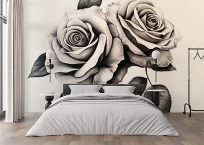 Two black and white roses on a white background Wall mural