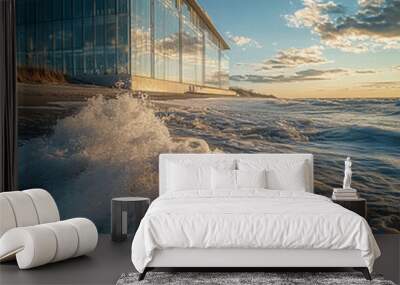 wave full of bumps and spikes at the beach with a glass building located on the shoreline Wall mural