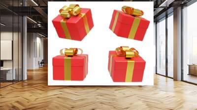 3D illustration of a red gift box icon tied with a shiny gold ribbon. Isolated on a transparent background. For festivals such as Christmas, Valentine's Day, birthdays, decorations, banners. Wall mural