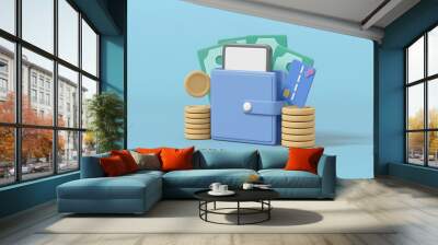 3D illustration with icons of wallet, coins, banknotes, credit card, mobile phone of digital financial transaction concept and contactless payment and investment.; Wall mural