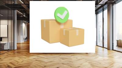 3D illustration with parcel box icon and check mark Concept of successful package delivery and confirmation of package receipt isolated on transparent background. Wall mural