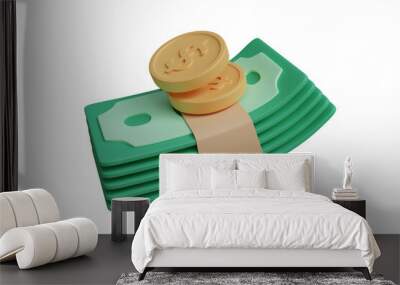 3D rendered illustration of banknote and dollar coin icons isolated on transparent background. Wall mural