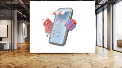 3D rendered illustration of online shopping concept with mobile phone store with shopping cart and gift boxes with bags isolated on transparent background. For e-commerce businesses, markets, storefro Wall mural