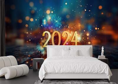 Vector style illustration of happy new year background decoration 2024 With figures and a beautiful shiny fireworks backdrop. Wall mural