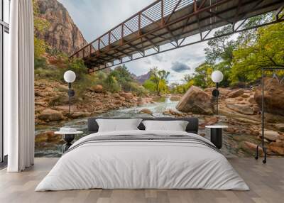 Bridge over the river. Large stones among water flow. The Virgin River flowing through Zion National Park, Utah, USA Wall mural