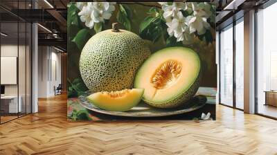 Crisp, high-resolution image of a ripe honeydew melon highlighting its vibrant green skin Wall mural