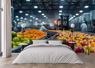 A busy conveyor belt in a food production facility sorts a variety of colorful fresh fruits efficiently. Wall mural