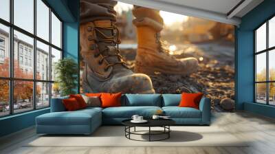 A close-up of muddy construction boots on a worker at a construction site during sunset. Wall mural