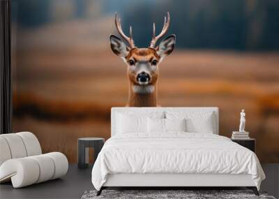 A close-up view of a deer with antlers standing in a serene meadow, showcasing nature and wildlife beauty. Wall mural