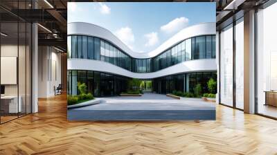 A contemporary university building featuring curved glass architecture and lush greenery, representing innovation, education, and modern design. Wall mural