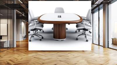 A contemporary wooden boardroom table surrounded by ergonomic office chairs, ideal for corporate or business environment settings. Wall mural