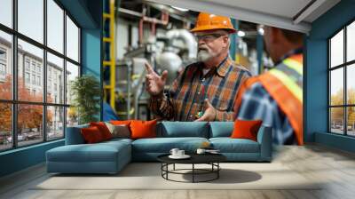 A factory supervisor in a hard hat instructs workers wearing safety gear, emphasizing safety protocols in an industrial setting. Wall mural