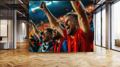 A group of ecstatic soccer fans celebrating a victory with raised arms, confetti, and a vibrant stadium atmosphere. Wall mural