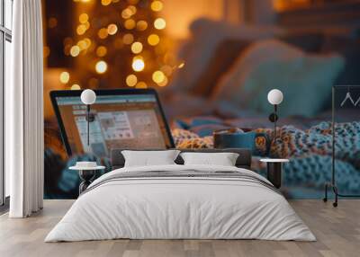 A laptop on a bed with a cozy blanket and a cup of hot drink, set against a background of warm Christmas lights. Wall mural