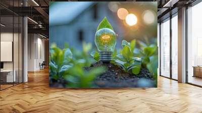 A light bulb containing a glowing filament and green leaf, symbolizing sustainable energy, set outdoors at sunset. Wall mural