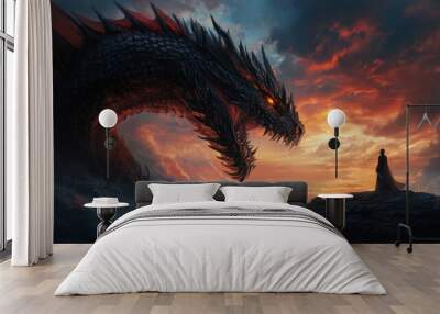 A lone hero stands bravely against a massive dragon under a fiery sunset sky, capturing an epic moment of confrontation. Wall mural