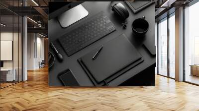 A minimalist black desk setup featuring various office gadgets and accessories, showcasing a professional and organized workspace. Wall mural