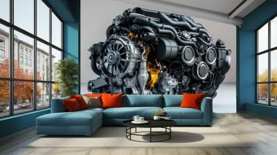 A sleek, modern car engine with intricate design and mechanical parts, showcased against a neutral background, highlighting automotive engineering. Wall mural