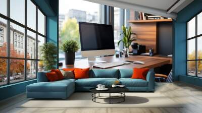 A sleek and modern home office setup featuring a desktop computer, ergonomic chair, wooden desk, and a large window view. Wall mural