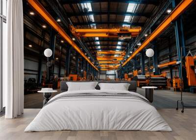 A spacious industrial warehouse featuring yellow overhead cranes, machinery, and large work areas in a well-lit environment. Wall mural