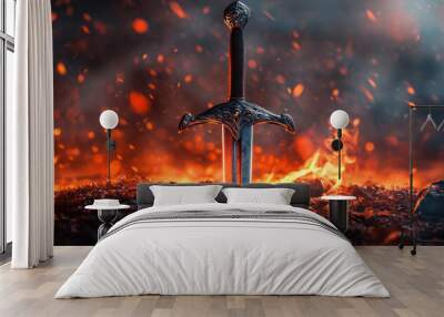 A sword planted firmly in the ground amidst a fiery battlefield, surrounded by glowing embers and intense flames. Wall mural