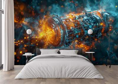 A vibrant, high-tech image of a futuristic mechanical energy core with glowing elements and sparks. Wall mural